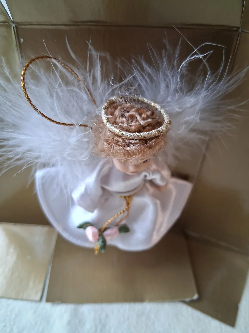 Angel Porcelain Satin Angel Ornament with Pink Rose